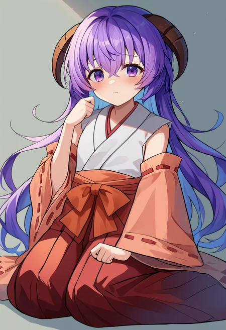 score_9, score_8_up, score_7_up, source_anime, Hanyuu, japanese clothes, long hair, 1girl, detached sleeves, horns, solo, purple hair, hakama, hakama skirt, red hakama, miko, skirt, purple eyes, hair between eyes, ribbon-trimmed sleeves, blush, kimono, wide sleeves , long sleeves, ribbon trim, bangs, shiny hair, sitting, blushing <lora:Hanyuupony-000003:1>, gray background