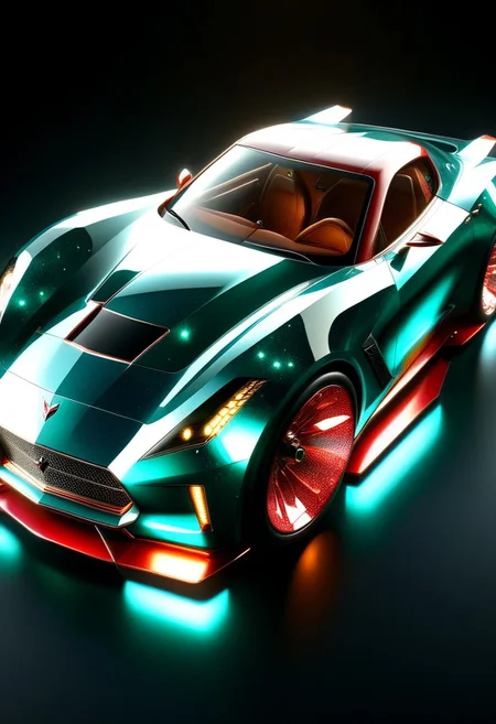 A futuristic car made entirely of transparent crystal that has hints of a 1955 Corvette sting ray convertible. It is entirely made out of transparent red glass crystal with a depth that reflects what looks like the universe of galaxies and stars, ultra detailed, enhanced, prismatic colors, render, CRU, sharp, 8k, octane render, cinema 4d, blender, dark, atmospheric 4k ultra detailed, cinematic, Sharp focus, big depth of field, Masterpiece, colors, 3d octane render, 4k, concept art, hyperrealistic, Vivid colors, extremely detailed 8k wallpaper, Intricate, High Detail. Car has square LED headlights, a glowing LED Sting Ray emblem. LED running lights Car is in a futurist high tech dealer showroom on a circular platform that is lit from below. The car has several spotlights on it which only enhance the crystal. camera is looking down and sideways as the car. emeraldmorph