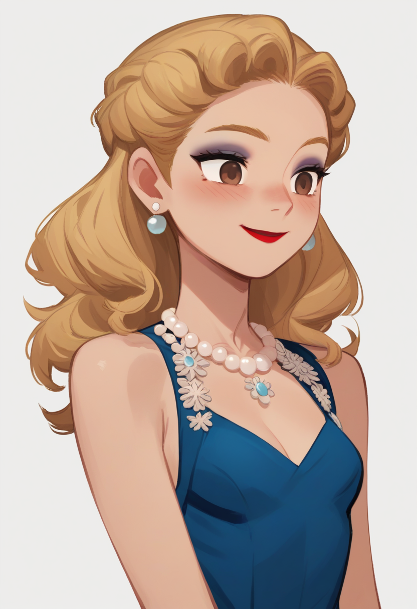 score_9, score_8_up, score_7_up, score_6_up, source_anime, 1girl,solo,breasts,blush,smile,blonde hair,simple background,white background,dress,cleavage,bare shoulders,brown eyes,jewelry,upper body,earrings,small breasts,necklace,makeup,blue dress,lipstick,eyeshadow,red lips,pearl necklace
<lora:hong_soonsang_v0.3-pony:1>