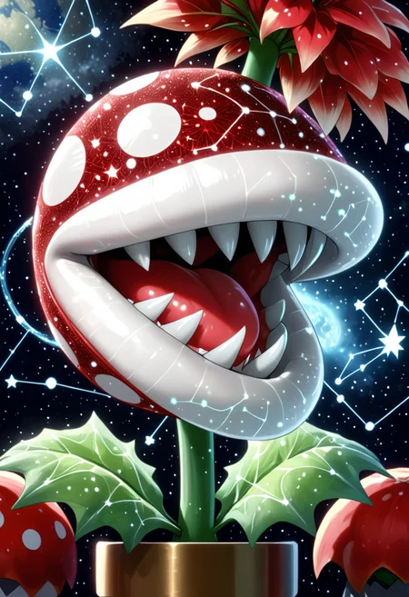 (anime, masterpiece, intricate), (best quality, hires textures, high detail:1), (4k),(incredibly detailed:1),UHD, 8K, ultra detailed , <lora:Starry_Morph:.8> <lora:PiranhaPlantXL:0.8> starry_morph  PiranhaPlantXL, white lips, Red Plant, star white Spots, Fangs, red theme, constellation,âââ