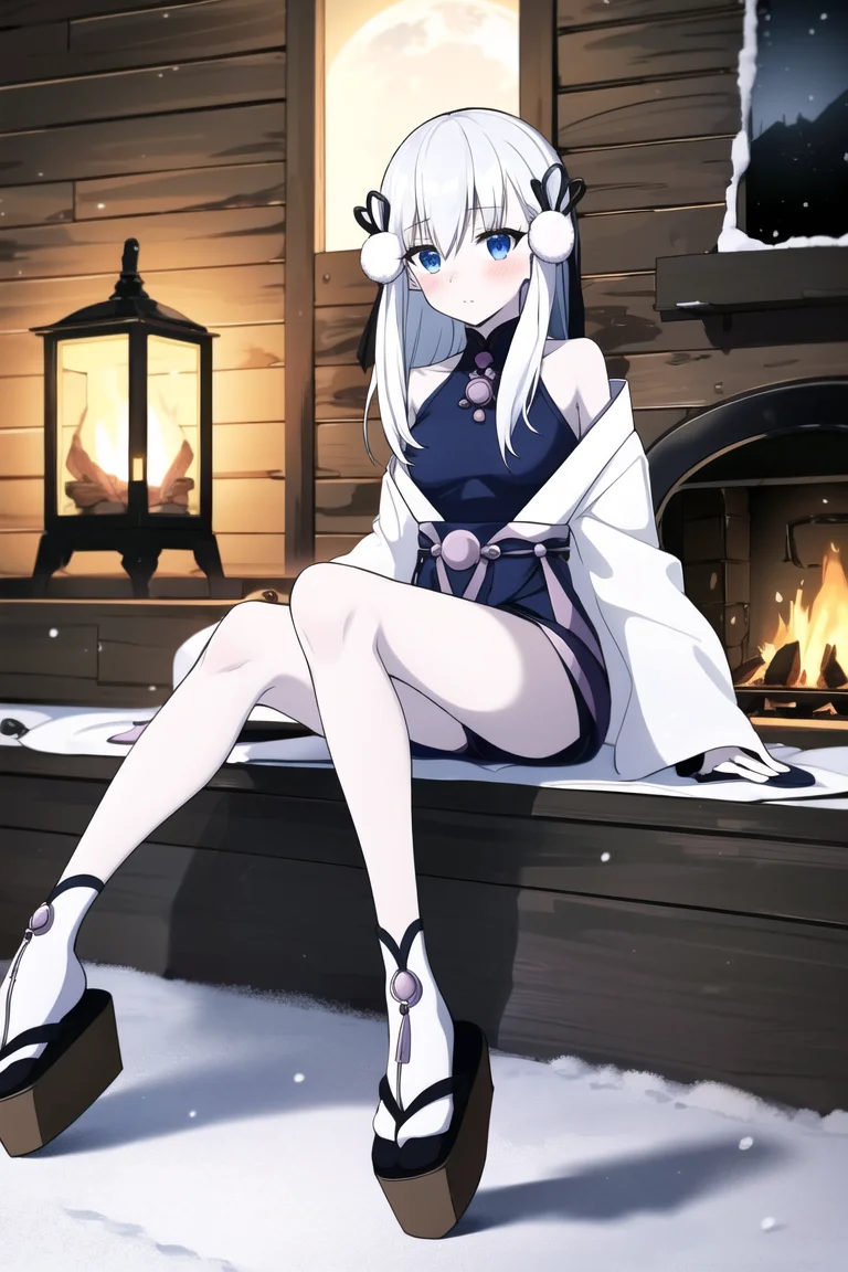 <lora:YukiOnnaYGOv2-20:0.8>,
YukiOnnaYGO, IceMayakashi , 1girl, small breasts, sandals , solo, looking at viewer, indoors, wooden cabin, cottage, fireplace, cozy , blush, sitting, night, snow, winter, dark, pale skin, full moon, bare legs, thighs