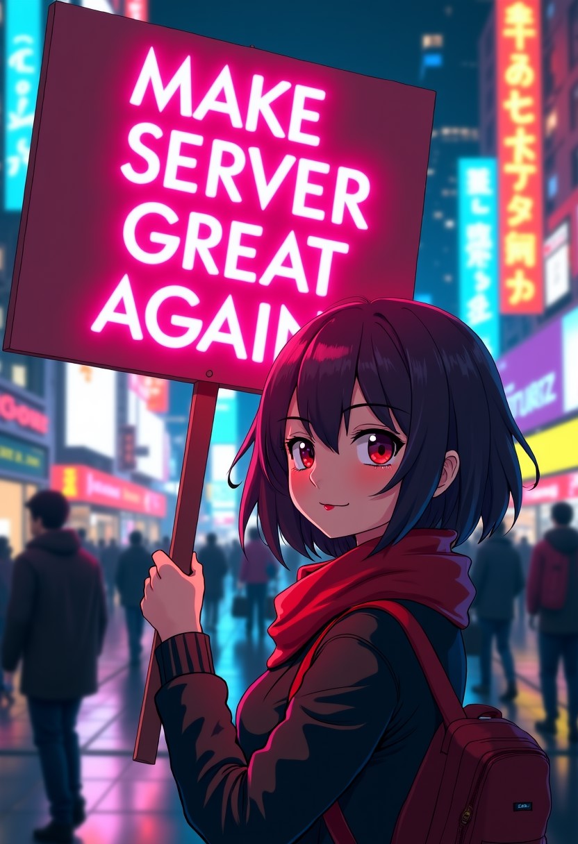 anime style, a protest in the street, cyberpunk city, a woman(looking at the viewer) is holding a sign with the text "Make Server Great Again" in bold, neon pink,