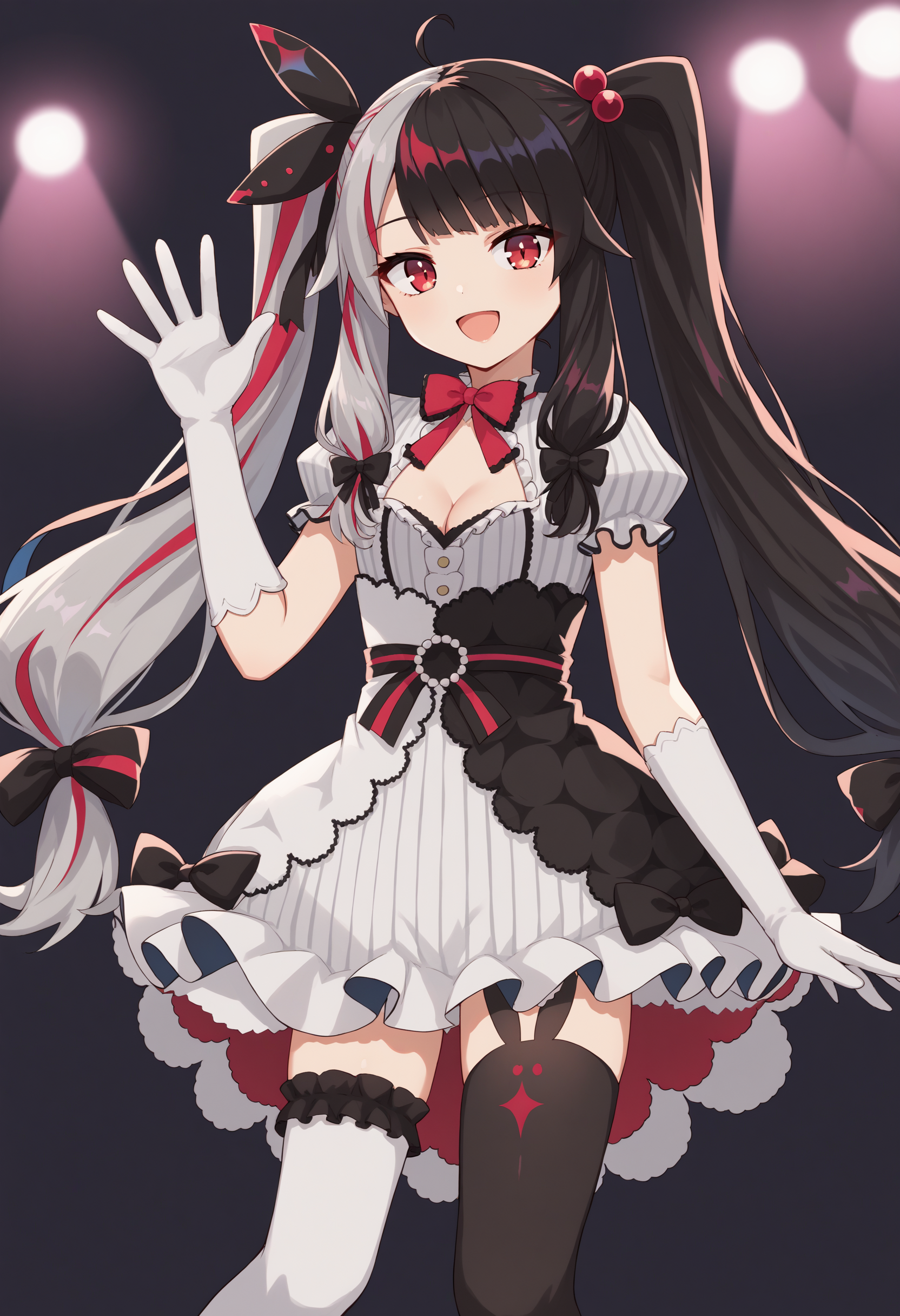 score_9, score_8_up, score_7_up, source_anime, lp1, red eyes, black hair, grey hair, red hair, multicolored hair, split-color hair, two-tone hair, streaked hair, ahoge, twintails, long hair, very long hair, ribbon, hair ribbon, bow, black bow, hair bow, hair bobbles, hair ornament, dress, white dress, striped clothes, vertical-striped clothes, frills, puffy sleeves, short sleeves, puffy short sleeves, red bow, cleavage, gloves, white gloves, elbow gloves, thighhighs, white thighhighs, black thighhighs, asymmetrical legwear, mismatched legwear, animal ear legwear, young, waving, stage lights, smile, open mouth<lora:YorumiRenaXLv2-18:1>