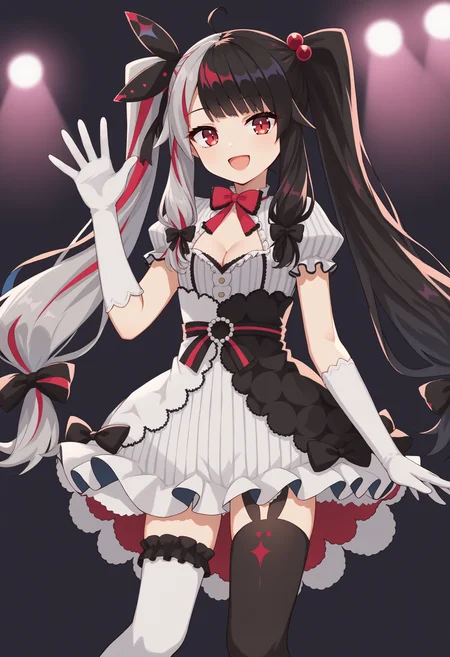 score_9, score_8_up, score_7_up, source_anime, lp1, red eyes, black hair, grey hair, red hair, multicolored hair, split-color hair, two-tone hair, streaked hair, ahoge, twintails, long hair, very long hair, ribbon, hair ribbon, bow, black bow, hair bow, hair bobbles, hair ornament, dress, white dress, striped clothes, vertical-striped clothes, frills, puffy sleeves, short sleeves, puffy short sleeves, red bow, cleavage, gloves, white gloves, elbow gloves, thighhighs, white thighhighs, black thighhighs, asymmetrical legwear, mismatched legwear, animal ear legwear, young, waving, stage lights, smile, open mouth<lora:YorumiRenaXLv2-18:1>