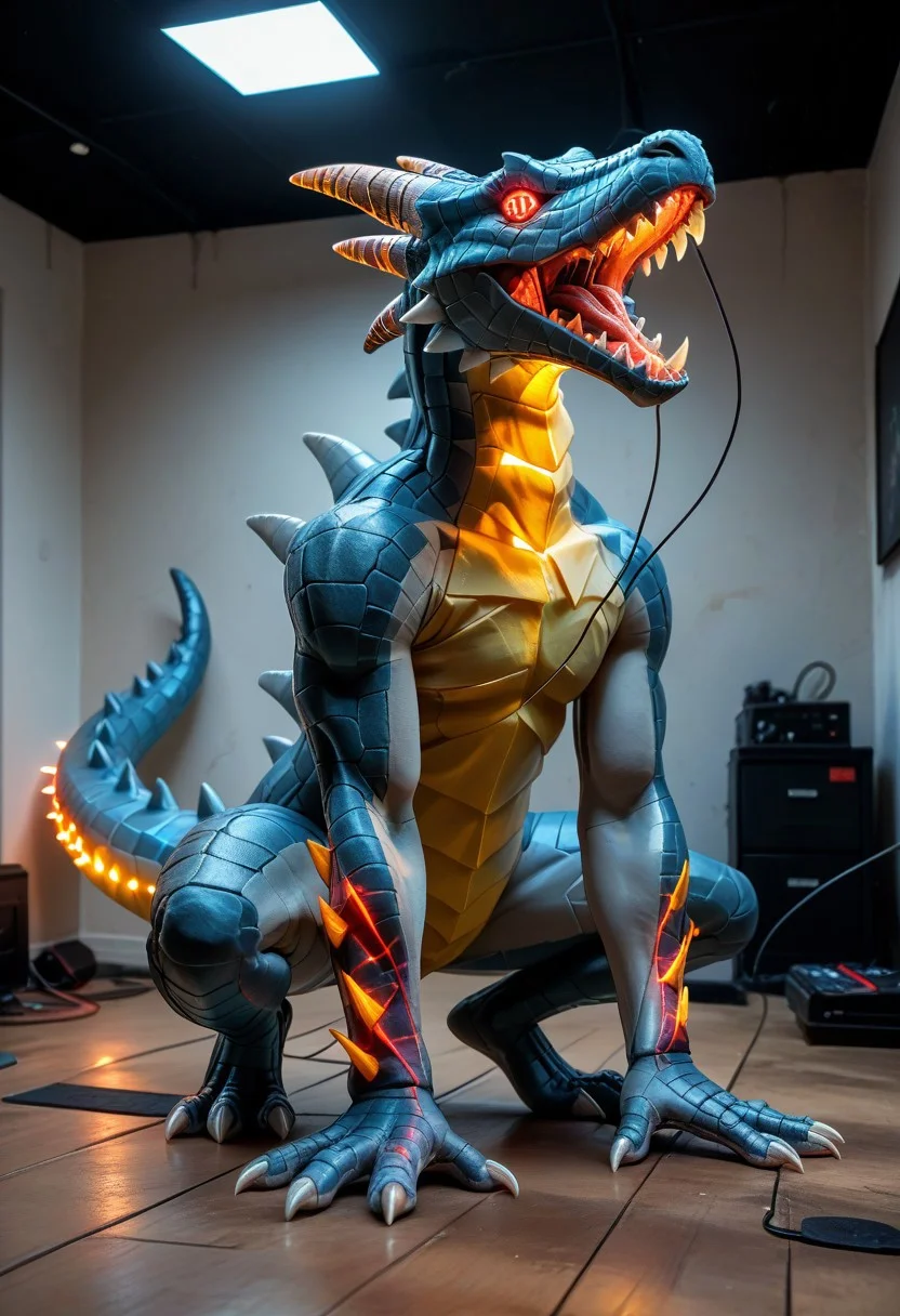 (rating_safe:1.2), end_tripwire_morph, no humans, spikes, teeth, dragon made out of wire and electrical cables, tail, sharp teeth, claws, open mouth, solo, neon, wires, made of wires, cables, outlined with wires and neon, neon outlines, wire sculpture, neon wire sculpture, PonyXLV6_Scores
Head: glowing red eyes, turn head looking at viewer 
Body: big and tall body, muscular body, red and black skin
Environment/ place: inside facility, low light, metal floor
Pose: stand on floor
