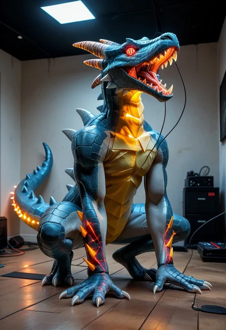 (rating_safe:1.2), end_tripwire_morph, no humans, spikes, teeth, dragon made out of wire and electrical cables, tail, sharp teeth, claws, open mouth, solo, neon, wires, made of wires, cables, outlined with wires and neon, neon outlines, wire sculpture, neon wire sculpture, PonyXLV6_Scores
Head: glowing red eyes, turn head looking at viewer
Body: big and tall body, muscular body, red and black skin
Environment/ place: inside facility, low light, metal floor
Pose: stand on floor