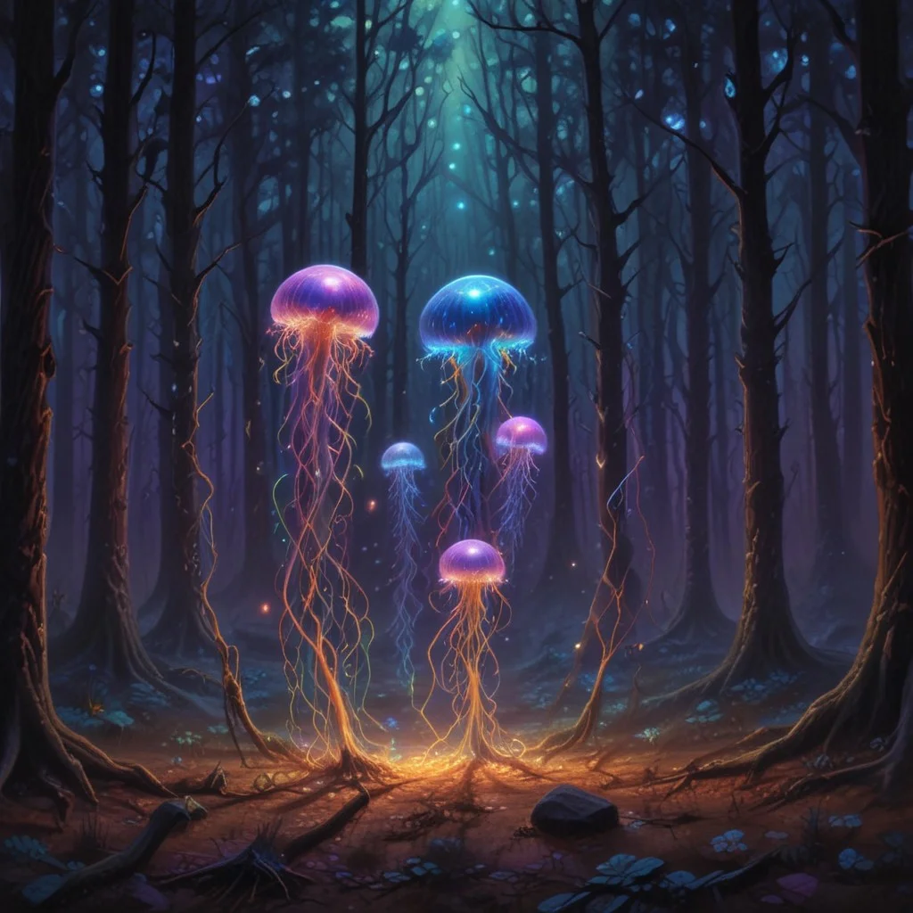 holographic translucent biolumiscent jellyfish on forest ground,alcohol ink and fluid thick oil,hyperrealistic,perfect mixed styles with amazing depth,iridescent complementary colors,dramatic flickering back light,surreal hypercreative masterwork by head of prompt engineering