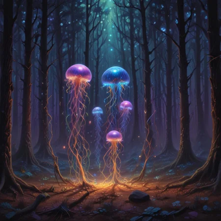 holographic translucent biolumiscent jellyfish on forest ground,alcohol ink and fluid thick oil,hyperrealistic,perfect mixed styles with amazing depth,iridescent complementary colors,dramatic flickering back light,surreal hypercreative masterwork by head of prompt engineering