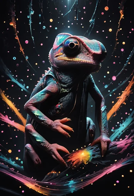 score_9, score_8_up, score_7_up, chameleon, lizard, feral, scales, realistic, abstract background, dark background, mad-neon-noir, noir, particles, colorful, zPDXL2