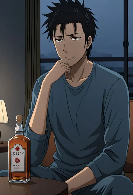 Highres, Masterpiece, High Quality, 4K, 8K, solo, 1Boy, Soujirou Agata, brown eyes, black hair, Sad, share, deep talk, hotel room, dim weather, sitting, weak, facing viewer, complicated, anxious, empty alcohol bottle, self torture, alone, lost, hopeless, hearthless, helpless, easynegative, detailed_eye_model
