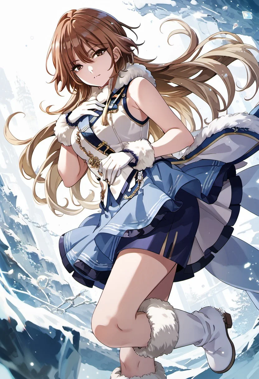 score_9, score_8_up, score_7_up, source_anime, aketa mikoto, brown hair, brown eyes, long hair, 1girl, solo, gloves, skirt, white gloves, fur trim, sleeveless, boots, blonde hair, looking at viewer, hand on own chest, blue skirt