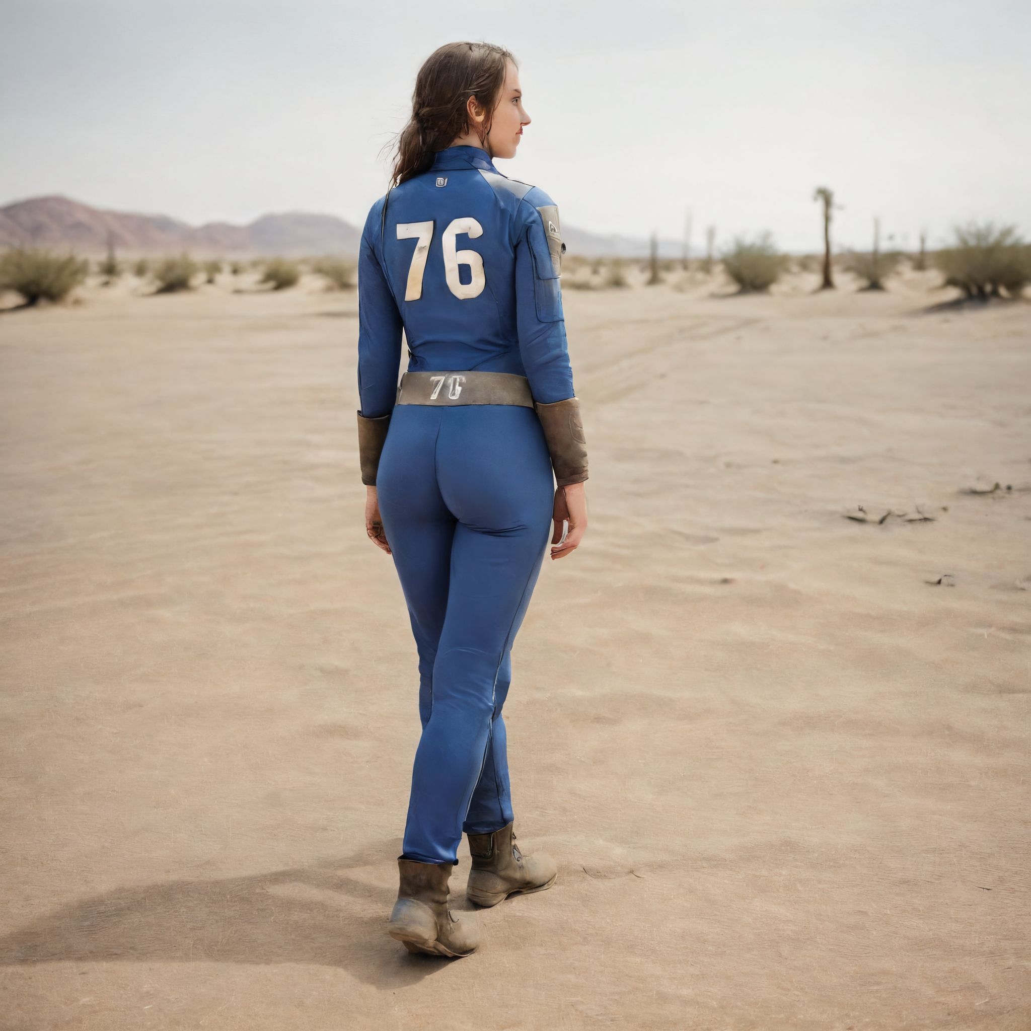 A full body photograph of a beautiful 20 year old girl wearing  a Vault Suit with the number 76 on the back in a desert wasteland <lora:Fallout_Vault_Suit-000008:0.6> <lora:Perfect Hands v2:0.75> Perfect Hands