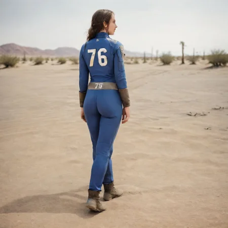 A full body photograph of a beautiful 20 year old girl wearing a Vault Suit with the number 76 on the back in a desert wasteland <lora:Fallout_Vault_Suit-000008:0.6> <lora:Perfect Hands v2:0.75> Perfect Hands