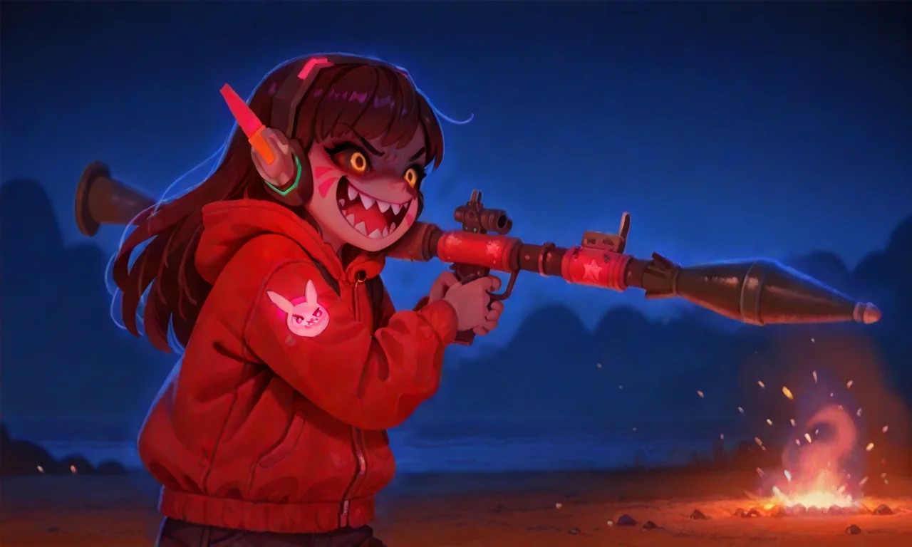 embedding:IllusP0s, pikaole, rpg_\(weapon\), shouldered, aiming, 1girl, d.va_\(overwatch\), evil laugh, sharp teeth, outdoors, night, solo,<lora:rpg_weapon_ill.safetensors:1.0:1.0> <lora:pikaole_ill.safetensors:1:1>