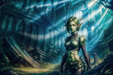 <lora:FantasyRuins:0.8> FanRu, sinister fantasy world, ruins, overgrown, <lora:dryad:1> dryad, green skin, plant girl, looking at viewer, best quality, masterpiece, <lora:more_details:0.65>, 1girl, solo