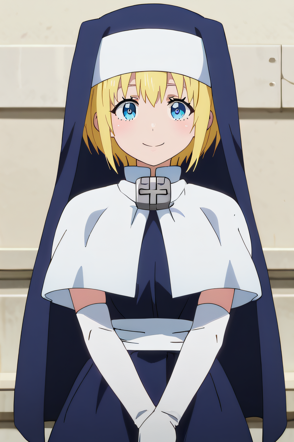 score_9, score_8_up, score_7_up, source_anime, rating_safe, intricate details, anime screencap, official style, 1girl, solo, <lora:Sister_Iris:1>, iris, blonde hair, blue eyes, short hair, nun, habit, white capelet, white elbow gloves, cord at the waist, looking at viewer, smile, outdoor, cowboy shot, own hands together