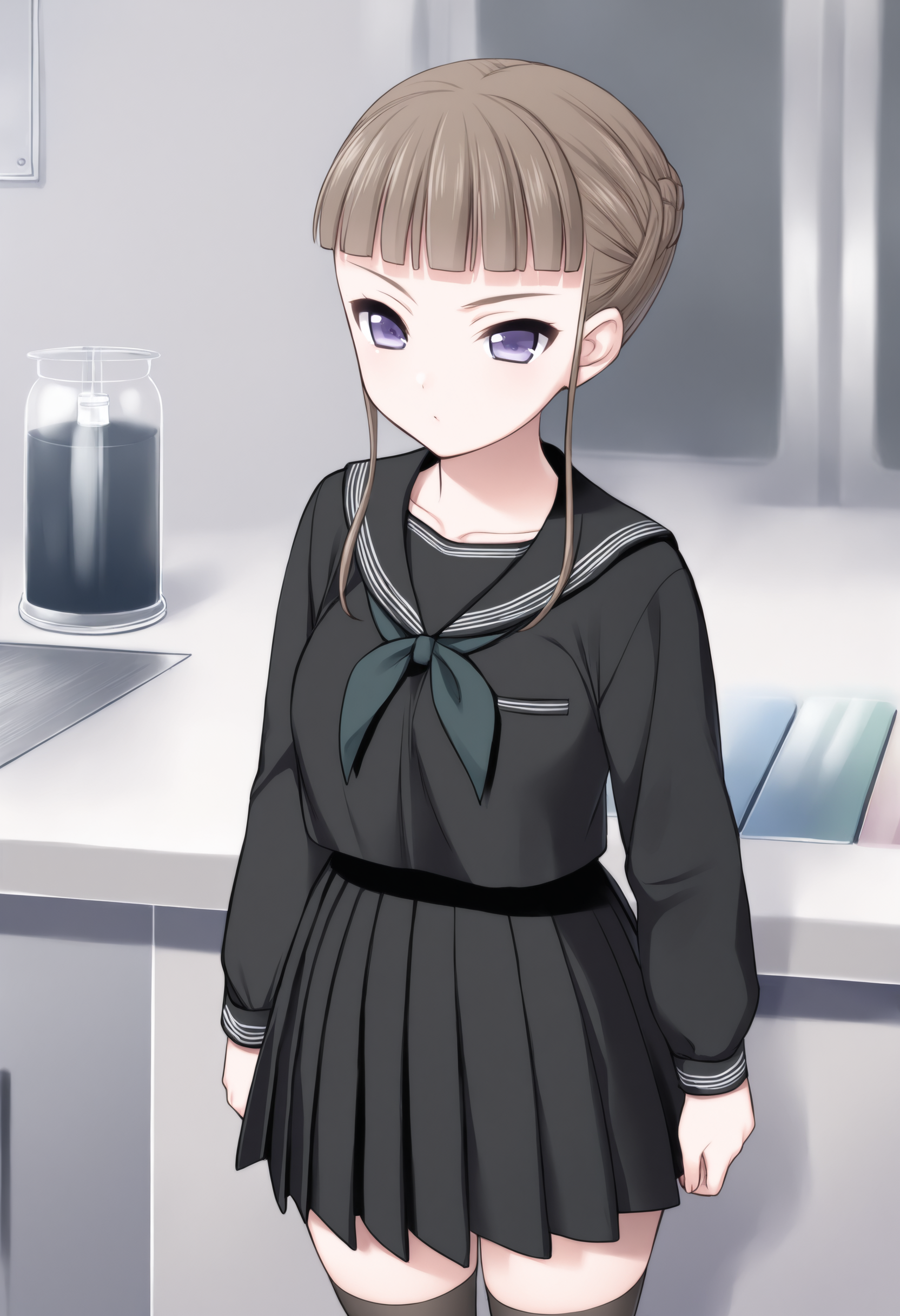 masterpiece, best quality, 1girl, Manaka Nemu, braided hair, purple eyes, medium breasts, sidelocks, long sleeves, black skirt, black serafuku, neckerchief, black thighhighs, breast pocket,  standing, laboratory,  <lora:Nemu last IXL:1>
