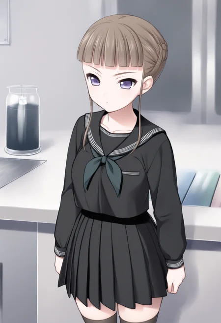masterpiece, best quality, 1girl, Manaka Nemu, braided hair, purple eyes, medium breasts, sidelocks, long sleeves, black skirt, black serafuku, neckerchief, black thighhighs, breast pocket,  standing, laboratory,  <lora:Nemu last IXL:1>