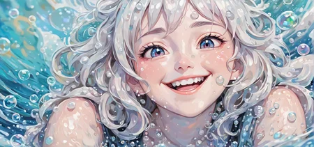 a Girl, laughing, Colorful colors, surrounded by water bubbles, in the style of Kawacy, Masterpiece, Oil painting drawn in anime style, head close - up, exaggerated perspective, Tyndall effect, water drops, mother - of - pearl iridescence, Holographic white, Pastel Drawing, soft colors, cute proportions, simplified features, comedic effect