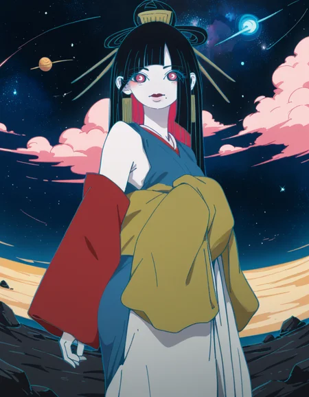 score_9, score_8_up, score_7_up, score_6_up, score_5_up BREAK t1u5, flat color, blue, outline, 1girl, mole under mouth, colored sclera, pink eyes, symbol-shaped pupils, long hair, black hair, blue kimono, sleeveless, earrings, hair stick, hime cut, sidelocks, hair ornament, colored inner hair, yellow obi, (cowboy shot:1.1), red sleeves, detached sleeves, hakama short skirt, pale skin, looking at viewer, solo, outdoors, space, <lora:tukiGirlPDXL16v0.95cametx1:0.9>