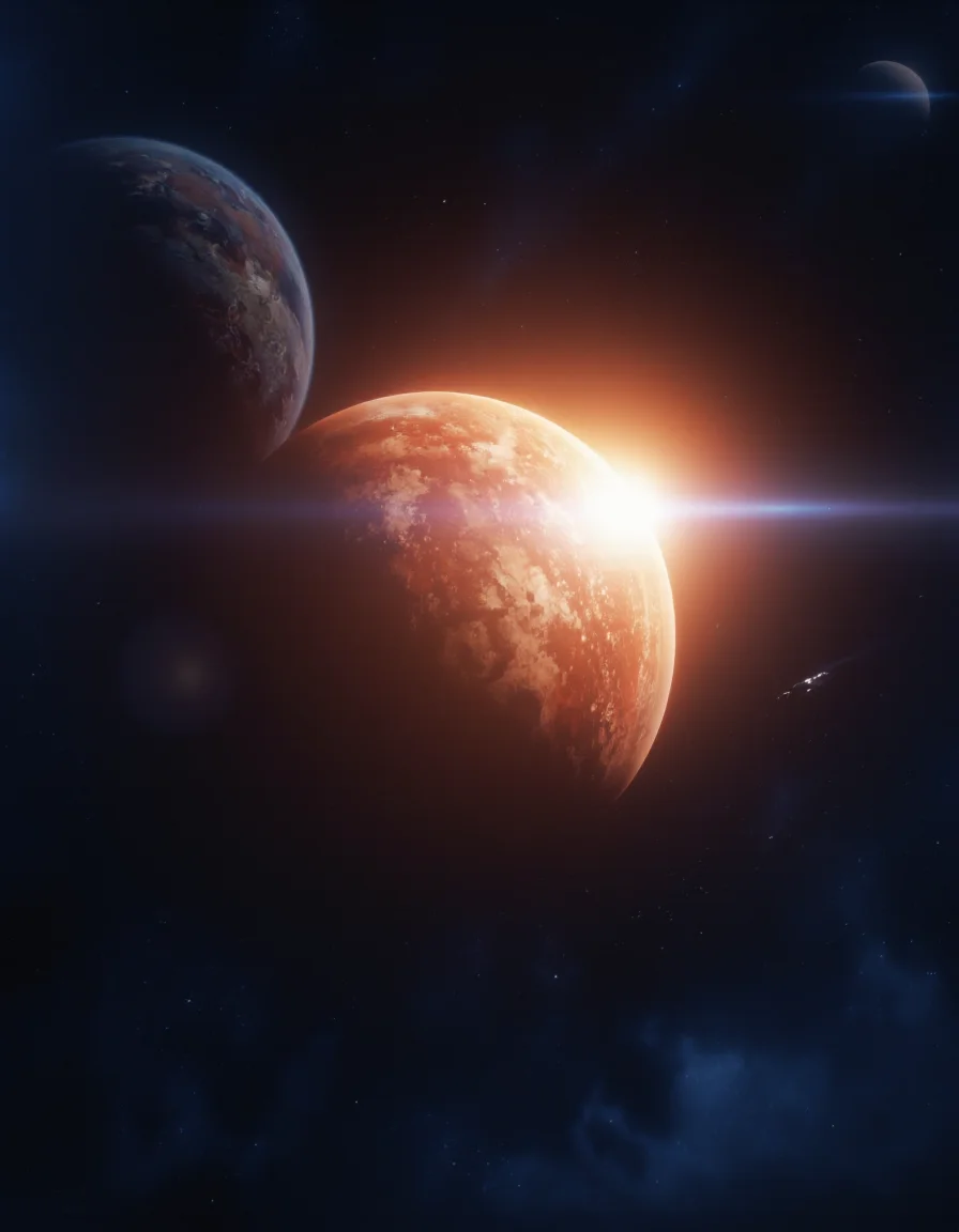 QuantumZ. A 3d rendering shoot from a low angle, depicting a stunning view of a celestial scene from space, featuring a spacecraft approaching a large, reddish-brown planet with a bright, glowing sun in the background. the planet appears to be orbiting around a smaller planet on the right side of the image, while on the left side, there is a larger, more distant planet visible in the distance. the spacecraft is silhouetted against the dark, starry sky, with a laser beam of light emanating from it, creating a dramatic contrast between the two celestial bodies. the scene is set against a vast expanse of space, with stars twinkling in the night sky, and the atmosphere is filled with a deep blue hue, giving off a sense of awe and wonder.