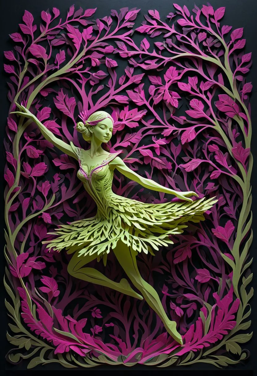 artpkplnt, illustration, dancer in the dark, 4k, uhd, warlock, masterpiece, Artpprct, in the style of papercutting, relief carving, nature, lazy lime and hot pink