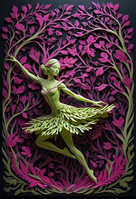 artpkplnt, illustration, dancer in the dark, 4k, uhd, warlock, masterpiece, Artpprct, in the style of papercutting, relief carving, nature, lazy lime and hot pink