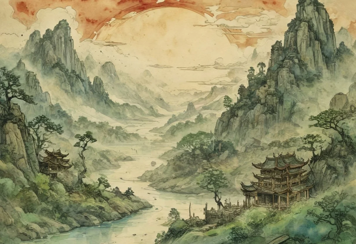 (Ink illustration on parchment, watercolor, ink splashes, Ukiyo-E). ((watercolor)), ((Chinese landscape)), Pagodas, Red-Trees, landscape focus, small figure off-side, Chinese Mountains, Rivers, Clouds, with watercolor washes, (((verdant green landscape))), (((mist, waterfalls))), trees, lush foliage, endless karth mountains that stretch outward to the horizon, a lone woman traversing the landscape!! wearing a bright blue cloak to make the miniscule figure stand out in a landscape dotted with the ruins of an ancient destroyed civilisation, crumbling stone, degraded buildings and temple, a long magical aurora borealis stretching across the sky, a broken moon high in the sky partially turned into an asteroid belt, a Saturn-like ringed-planet world, flickers of magical energy illuminating the land, in the far distance a giant wall of smoke is rising from the shattered earth in which a multitude of faces are forming and screaming, Ink splashes, rough ink sketch, Ghibli style, high contrast, stylized, dark skin, close up on face, head and shoulder, leather medieval top with lowered hood, Art Nouveau Style, detailxl, BadDream, dioramas,