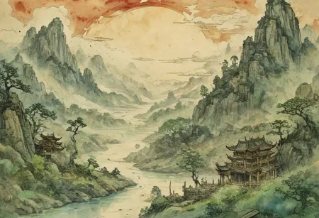 (Ink illustration on parchment, watercolor, ink splashes, Ukiyo-E). ((watercolor)), ((Chinese landscape)), Pagodas, Red-Trees, landscape focus, small figure off-side, Chinese Mountains, Rivers, Clouds, with watercolor washes, (((verdant green landscape))), (((mist, waterfalls))), trees, lush foliage, endless karth mountains that stretch outward to the horizon, a lone woman traversing the landscape!! wearing a bright blue cloak to make the miniscule figure stand out in a landscape dotted with the ruins of an ancient destroyed civilisation, crumbling stone, degraded buildings and temple, a long magical aurora borealis stretching across the sky, a broken moon high in the sky partially turned into an asteroid belt, a Saturn-like ringed-planet world, flickers of magical energy illuminating the land, in the far distance a giant wall of smoke is rising from the shattered earth in which a multitude of faces are forming and screaming, Ink splashes, rough ink sketch, Ghibli style, high contrast, stylized, dark skin, close up on face, head and shoulder, leather medieval top with lowered hood, Art Nouveau Style, detailxl, BadDream, dioramas,