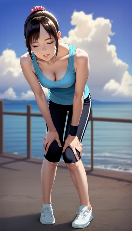 score_9,score_8_up,score_7_up,
<lora:miiyamotohikari:0.9>,miiyamotohikari,
photorealistic,realistic,
1girl,solo,black hair,bangs,pink scrunchie,black wristband,black shorts,closed eyes,parted lips,cyan tank top,cleavage,facing viewer,leaning forward,hands on own knees,white sports shoes,
blurry background,outdoors,blue sky,ocean,cloud,sea fence,distant mountains,clear blue sky,soft clouds drifting,summer,