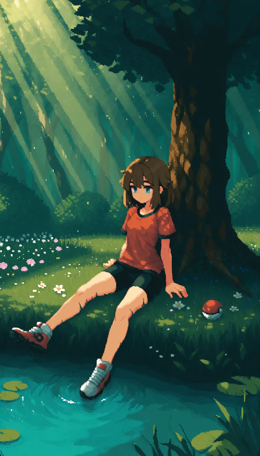 pixel art,
brown hair, 1girl, lily pad, water, flower, bike shorts, red shirt, sitting, outdoors, short sleeves, tree, light rays, shoes, poke ball, blue eyes, grass,
masterpiece, best quality, very awa, absurdres
<lora:noobai_epred_11_pixel_art_v1:1>