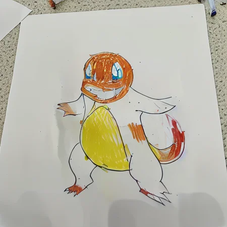 looking at viewer, full body, line art, fangs, pokemon (creature), standing, flame-tipped tail, no humans, fire, wings, open mouth