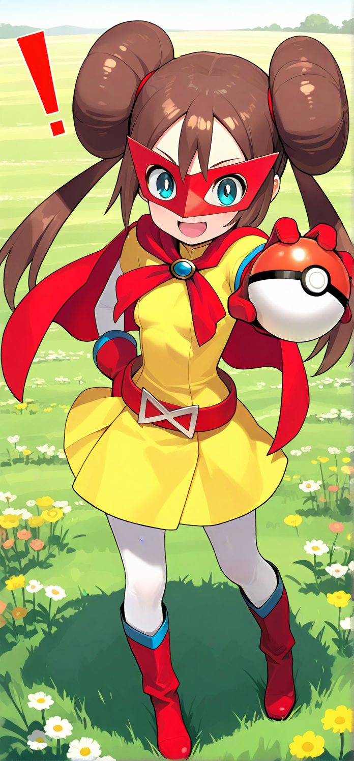 2d, masterpiece, best quality, amazing quality, 1girl, solo, close-up, standing, open mouth, smile, exclamation mark, stretched arm, full body,holding pokeball, looking at viewer, meadow, day,rosagirl, brown_hair, blue_eyes, double_bun, twintails, superhero, yellow_dress, white_sleeves, red_cape, domino_mask, red_mask, red_gloves, belt, white_pantyhose, red_footwear, knee_boots