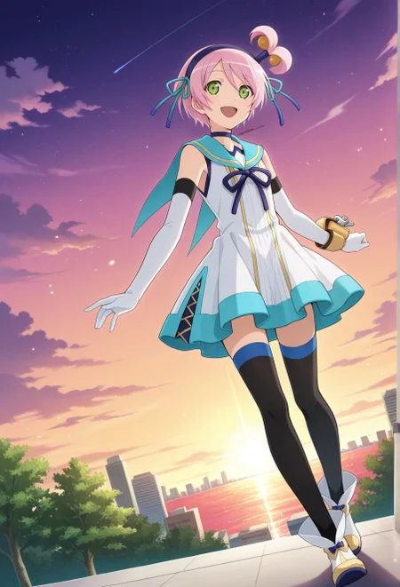 detailed eyes, beautiful, detailed background, perfect eyes,
source_anime, very aesthetic, anime coloring, masterpiece, official art,
<lora:HandFineTuning_XL:1>
BREAK,
cityscape, sea, trees,
light smile, standing, open mouth,
full body , dynamic angle,
looking at viewer, posing,
BREAK,
<lora:kanonnoEX_illustriousXL_v01:0.9>
kanonnoedef, kanonno earhart, pink hair, short hair, green eyes, ponytail, bow hairband,
white dress, sailor collar, sleeveless dress, elbow gloves, single wrist pouch,
black thighhighs, white footwear,
