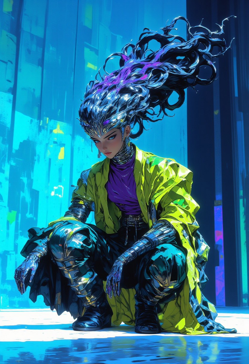 This hyper-detailed digital drawing artwork rendered on Corel Painter portrays a female model in a highly aesthetic squatting pose, her body low to the ground in a tense yet graceful position, exuding elegance and strength. Her chrome silver hair floats above her head, defying gravity, cascading in surreal, fluid waves that seem to move independently of her body. She wears a rugged purple torn top with jagged edges, contrasting sharply with her high-waisted, oversized trousers that are cinched tightly at the waist and flow into large, dramatic folds. A long, exaggerated fluorescent green overcoat floats dramatically in mid-air, billowing outward as if caught by an unseen wind, amplifying the surreal and otherworldly atmosphere. Her right hand gently rests on her knee, while her left hand extends outward, as if reaching for something beyond the viewer’s grasp. Her high boots, adorned with iridescent glowing elements, shift colors as they catch the light. The background features a massive blue wall with an open door revealing a room bathed in neon light, creating a striking juxtaposition of colors. The polished white floor beneath her contrasts with the surreal environment, highlighting the fluid movement of her figure and the vibrant glow of her attire. HD, ultra-detailed, 8K quality, masterpiece artwork, flawless anatomy. mythp0rt, midjourney_whisper_avant_couture, ne0nfant4sy