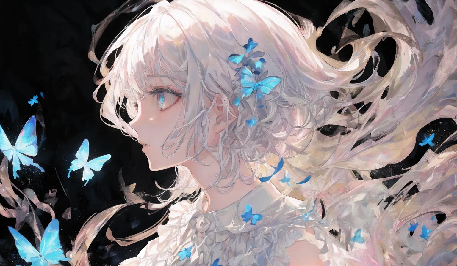 art by Cornflower, dreamy, <hypernet:Cornflower_Phantom:1.0>
(best quality, masterpiece, highres,cinematic lighting, volume lighting,contour deepening,(backlighting),profile,extremely detailed 8K wallpaper, 1girl,loli ,chiffon dress,an extremely delicate and beautiful,beautiful detailed eyes,white_hair,[[long_hair]],medium_breasts,(cumuliform cloud:1.35),(beautiful detailed cloud),Blue Butterfly,upper body)<hypernet:yukoring:0><lora:Cornflower-000001:0>