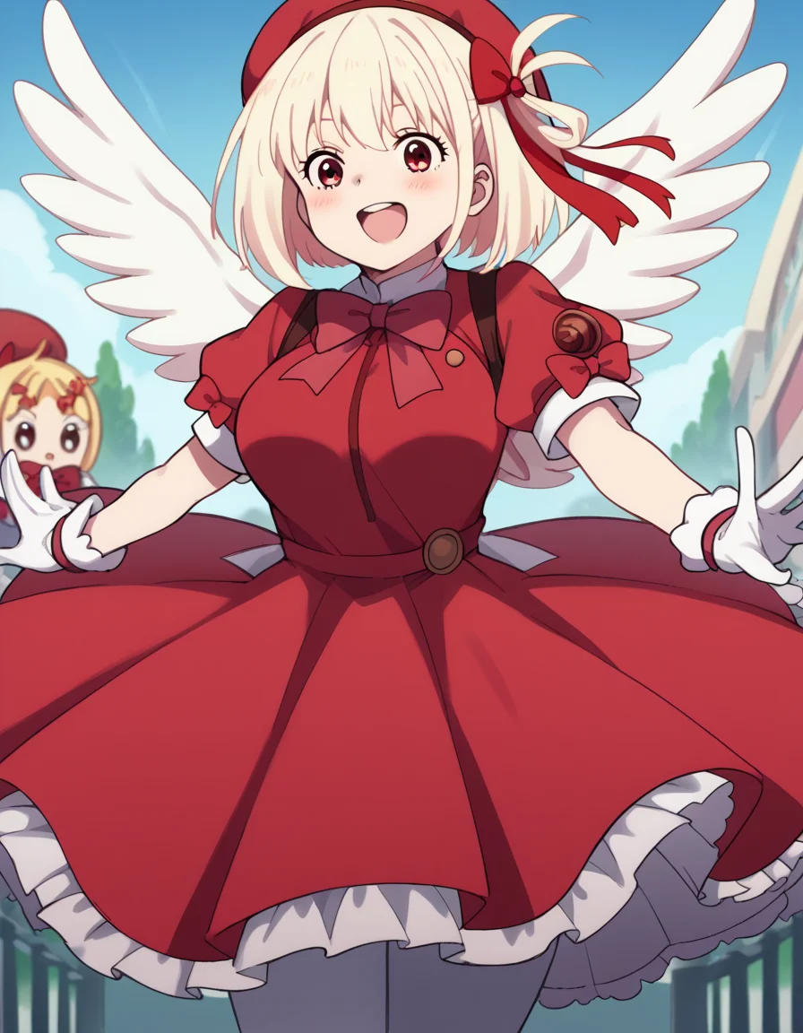 score_9, score_8_up, score_7_up, source_anime, chisatonishikigi, <lora:chisato-nishikigi-s1-ponyxl-lora-nochekaiser:1>, chisato nishikigi, short hair, bangs, blonde hair, red eyes, hair ribbon, one side up, bob cut, large breasts,, <lora:sakura-kinomoto-cosplay-ponyxl-lora-nochekaiser:1>, sakurakinomotocosplay, kinomoto sakura \(cosplay\), bow, bowtie, dress, gloves, hat, magical girl, pantyhose, petticoat, ppuffy short sleeves, puffy sleeves, red bow, red bowtie, red dress, red hat, short sleeves, white gloves, white pantyhose, white wings, wings,, outdoors, open mouth, blush, smile, flying,, cowboy shot, dutch angle, solo,