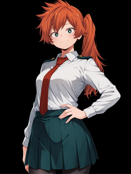 <lora:Kendo Illu:1>
1girl, solo,
kend0, long hair, orange hair, side ponytail, green eyes,
u.a. school uniform, red necktie, white collared shirt, pleated skirt, pantyhose,
cowboy shot, looking at viewer, closed smile, one hand on hip,, masterpiece, best quality, amazing quality,, simple background, black background
