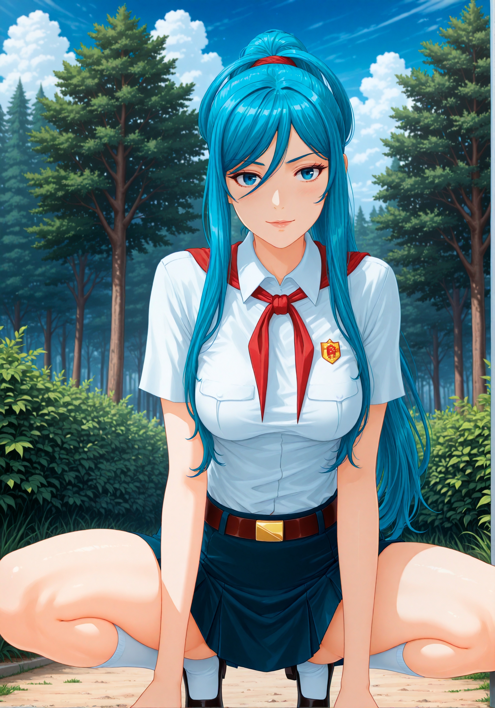 masterpiece, high_quality, highres, detailed_eyes, detailed, masterpiece, best quality, absurdres, 8k, HDR, face_focus, high quality, very_awa, newest, absurdres, highres, depth_of_field, realistic_skin, pinkretroanime, (retro art:0.7), Jeddtl02, p0nyd1sney1ncasev1x0n2, very aesthetic, detailed face, pioneer_uniform, el_pioneer_outfit, white_shirt_pioneer, short_sleeves, pioneer_badge, blue_short_pioneer, red_neckerchief, belt, white_socks, shoes, <lora:Takao_Aoki_illustrious:1>, blue hair, ponytail, blue eyes, (medium hanging breasts:1.2), elegant and dominant, mature, adult, sexy, medium breasts, looking at viewer, detailed beautiful eye, medium breasts, amazing background, clouds, nature, forest, ,  <lora:Everlasting_summer_pioneer_uniform:1>