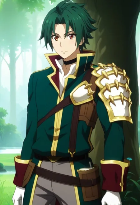 ((masterpiece)), ((best quality)), ((ultra-detailed)), ((absurdres)), score_9_up, score_8_up, score_7_up,
HD, top quality, best quality, amazing quality, High-quality illustrations, anime screencap, source_anime, best aesthetic, perfect proportions, perfect eyes, 1boy, 1male, solo boy, solo male, male focus, solo male focus, Anime, boy, male anime character, anime boy, handsome, cute, charming, sexy, Theo Cornaro, green hair, split bangs, orange eyes, black hair, hair between eyes, green eyes, choker, long green coat, closed coat, white left arm armor, red sleeve cuffs, white gloves, brown belt straps, belt, grey pants, brown boots, ((lean body, toned fit body, slim waist)), ((tall, tall body, Tall height)), ((forest, trees, nature)), ((full body shot, head to feet shot)), easynegative, updn, Expressiveh, masterpiece, best quality, very aesthetic, absurdres