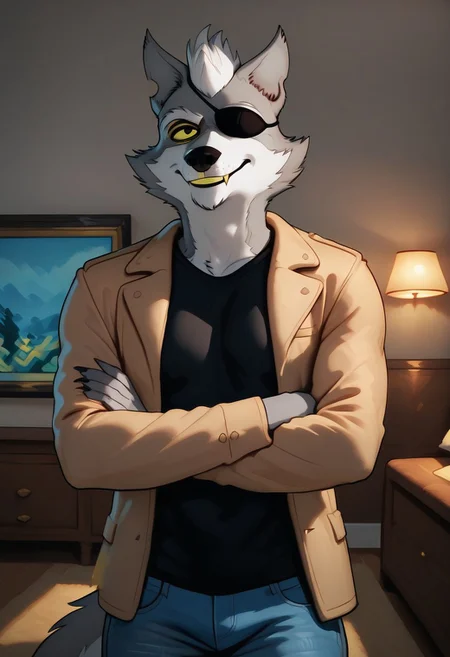 score_9_up, score_8_up, score_7_up, Masterpiece, best quality, high quality, detailed, male, solo male, 1boy, Wolfgang Seamus, broad shoulders, mature male, black eyes, yellow sclera, colored sclera, athletic build, animal ears, wolf, scruffy, anthro, anthro male, gray fur, eyepatch on left eye, wide hips, thick thighs, indoors, looking at viewer, standing, arms crossed, smiling, black shirt, tan jacket, jeans, half body