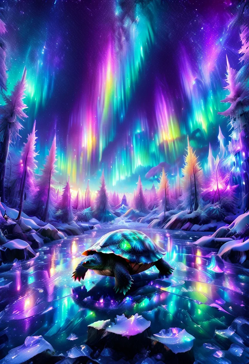 lazympos, morph-aurora, A platinum-tier turtle with bioluminescent fur prowls through an aurora-lit crystal forest, prismatic light shards refract through ice formations, glowing celestial patterns dance across its obsidian collar, hyper-detailed fur texture with rainbow iridescence, 8k resolution.