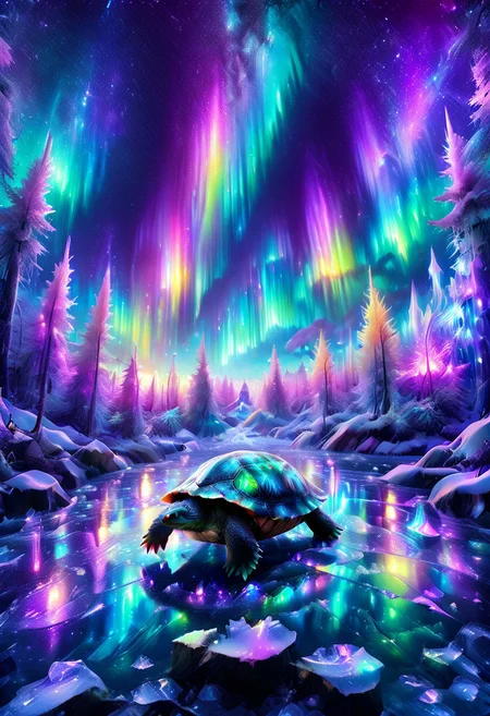 lazympos, morph-aurora, A platinum-tier turtle with bioluminescent fur prowls through an aurora-lit crystal forest, prismatic light shards refract through ice formations, glowing celestial patterns dance across its obsidian collar, hyper-detailed fur texture with rainbow iridescence, 8k resolution.