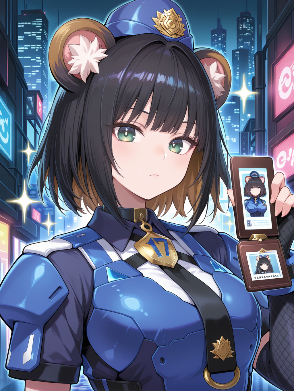 k9 city,official alternate costume,k9-17 ripper, official alternate costume, 1girl, id card, holding id card, looking at viewer, police, sparkle, upper body, closed mouth, blue garrison cap, blue fingerless gloves, black vest, black necktie, blue jacket, white shirt, solo, fishnet, expressionless
masterpiece,best quality,amazing quality,very aesthetic,absurdres,newest,<lora:K9-17 Ripper & Izuna illusXL v1.33:0.72>,