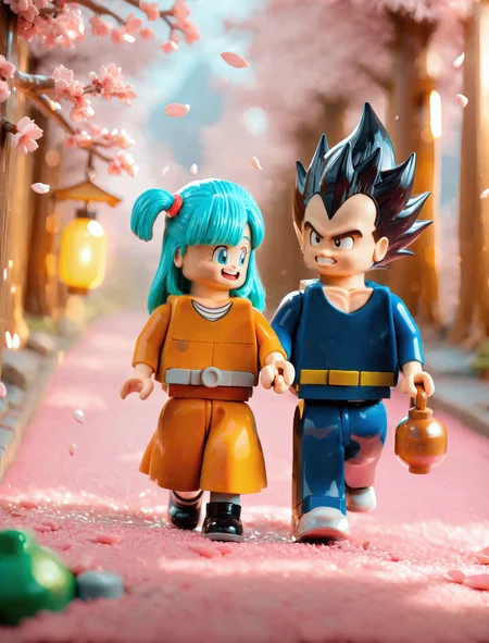 masterpiece, best quality, amazing quality, very aesthetic, highly detailed, absurdres, cinematic, candid, blurry background, l3g0, 1girl, bulma, blue hair, 1boy, vegeta, black hair, holding hands, walking, lanterns, sakura tree, happy, petals, dutch angle