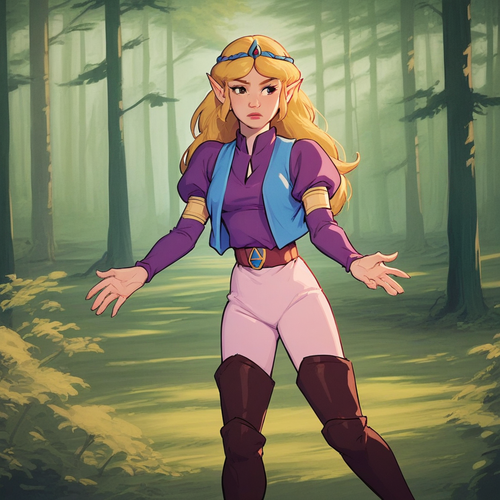 score_9, solo, classiczelda, tiara, blonde hair, long hair, pointy ears, vest, thigh boots, forest