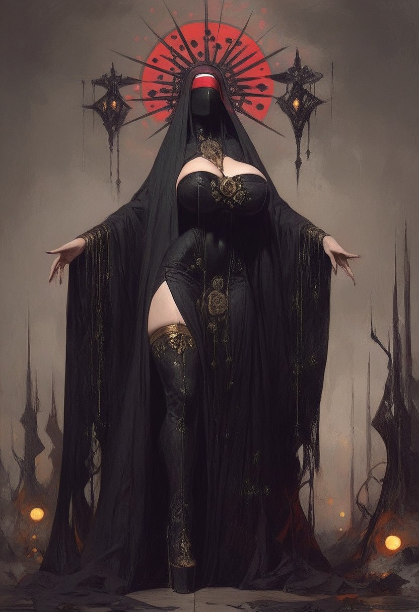 ((score_9, score_8_up, score_7_up)), (((character design, sci-fi warrior, feminine power, perfect anatomy))), 
An enigmatic figure of a (satanic)nun(caucasian), her (dark habit_catsuit covers all her skin), conducting a sensual satanic ritual inside a dark cathedral during night under a red eclipse. Her (eyeless)mask, elaborate crown, (fully)conceals her identity, adding to her mystique and allure. gold stiletto platform thigh boots, massive breasts, tiny waist, flat abs, looking at viewer, seducing with her body, dancing towards viewer with her arms posing, sexy ass seductive wide hips, huge perky breasts, in the style of a vintage, high-contrast setting. Emphasize theatrical elements with extreme opposition of bright colors against dark, moody backgrounds, under a dark red sky
, <lora:add-detail-xl:2>
