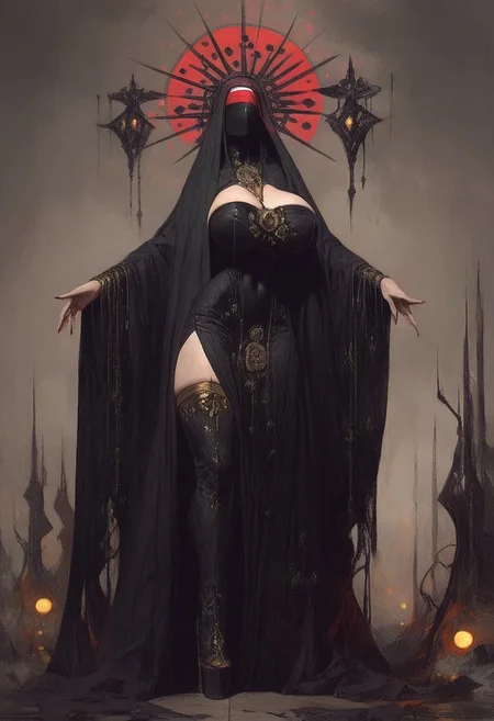 ((score_9, score_8_up, score_7_up)), (((character design, sci-fi warrior, feminine power, perfect anatomy))),
An enigmatic figure of a (satanic)nun(caucasian), her (dark habit_catsuit covers all her skin), conducting a sensual satanic ritual inside a dark cathedral during night under a red eclipse. Her (eyeless)mask, elaborate crown, (fully)conceals her identity, adding to her mystique and allure. gold stiletto platform thigh boots, massive breasts, tiny waist, flat abs, looking at viewer, seducing with her body, dancing towards viewer with her arms posing, sexy ass seductive wide hips, huge perky breasts, in the style of a vintage, high-contrast setting. Emphasize theatrical elements with extreme opposition of bright colors against dark, moody backgrounds, under a dark red sky
, <lora:add-detail-xl:2>