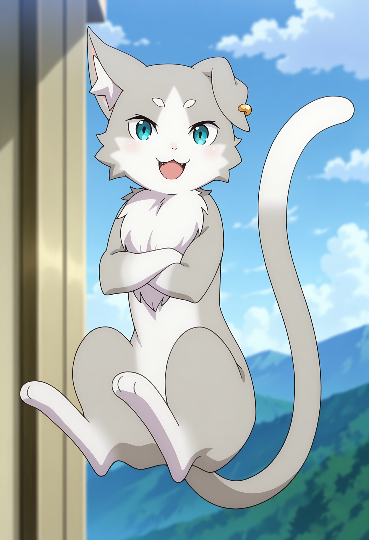 anime screencap, masterpiece, best quality,
<lora:ReZero_Puck_IlluXL:0.9>,
no humans, solo, open mouth, smile, :3, fangs,
cat, single ear down, animal ear piercing, aqua eyes, two-tone fur, neck fur, grey fur, white fur, cat tail,
crossed arms, floating, midair, sitting, feet up, looking at viewer, full body,
mountainous horizon, blue sky, blurry background,