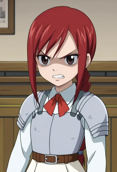 source_anime,anime screencap, anime coloring,intricate details,rating_safe, masterpiece, best quality,
(best quality, absurd res, ultra detailed),,(4 finger:0.5),1girl, ((solo)), good eyes,perfect eyes,,detailed eyes, zPDXLxxx , zPDXL3, OverallDetail,detailed, detailed face
BREAK
source_anime,anime screencap, anime coloring,intricate details,rating_explicit, masterpiece, best quality,
(best quality, absurd res, ultra detailed),,(4 finger:0.5),1girl, ((solo)), good eyes,perfect eyes,,detailed eyes, zPDXLxxx , zPDXL3, OverallDetail,detailed, detailed face
BREAK
solo,indoors,standing, front view,upper body,
erza, red hair, braid, brown eyes, armor, belt, white skirt, blue pantyhose,
angry,clenched teeth,shaded face,,
, <lora:add-detail-xl:5> <lora:erza:0.8>